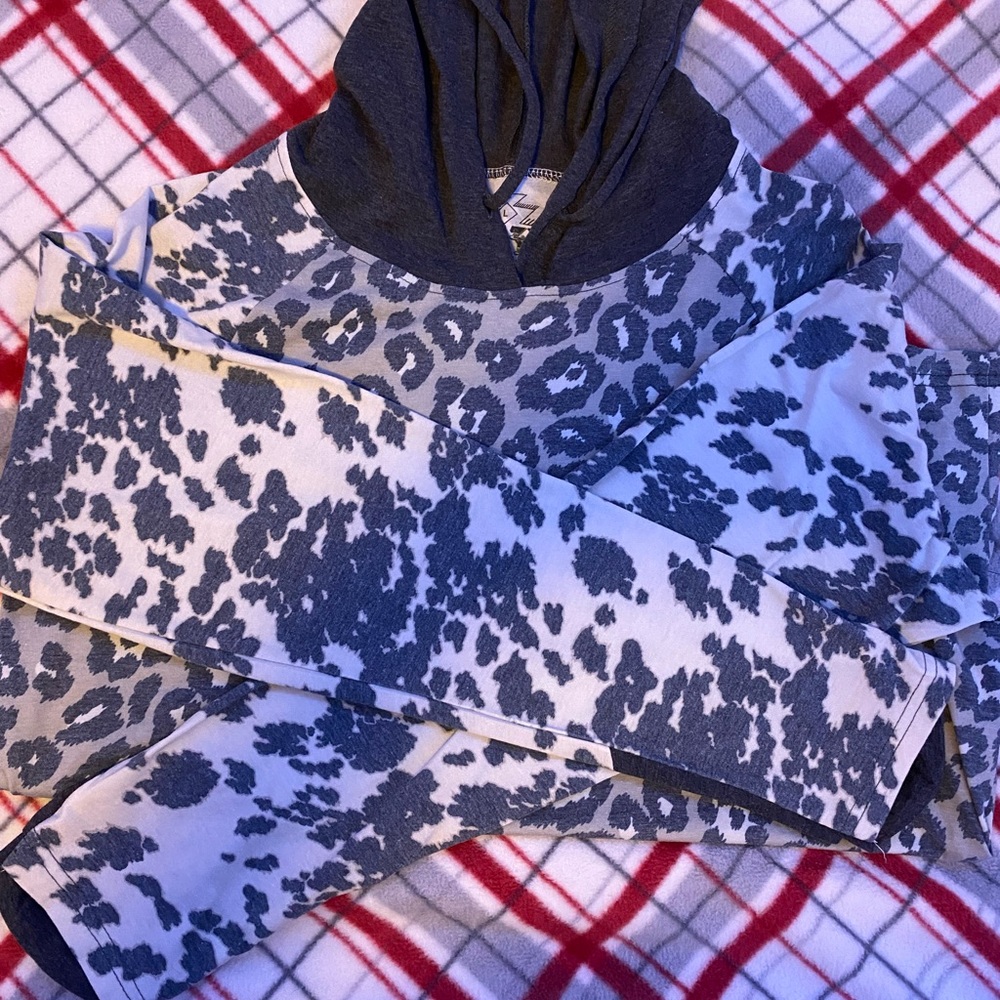 Crazy train hooded long sleeve. Gray cheetah print.